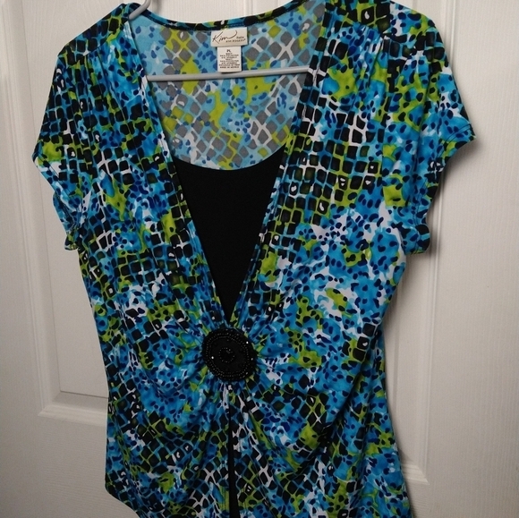 $ Kim Rogers blue black green squared print short sleeve blouse Size PL - Picture 1 of 9